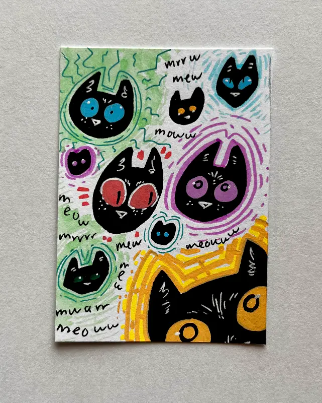 cats of many faces 3/3 | pen, marker, ink aceo art card