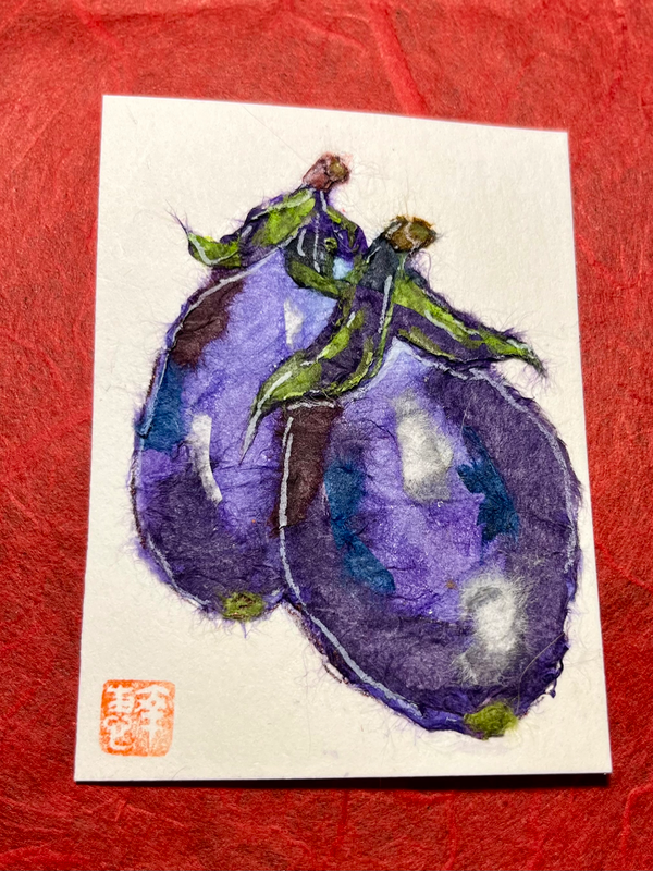 🍆Japanese Washi art- Eggplants aceo art card