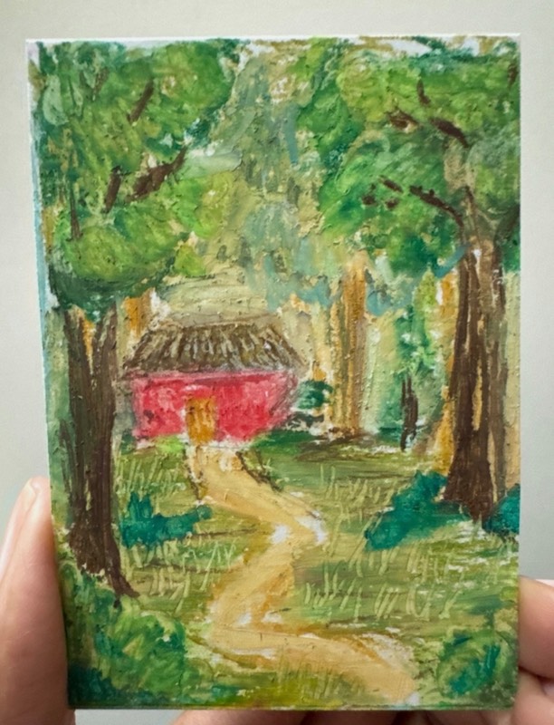 Tiny red house in the woods aceo art card