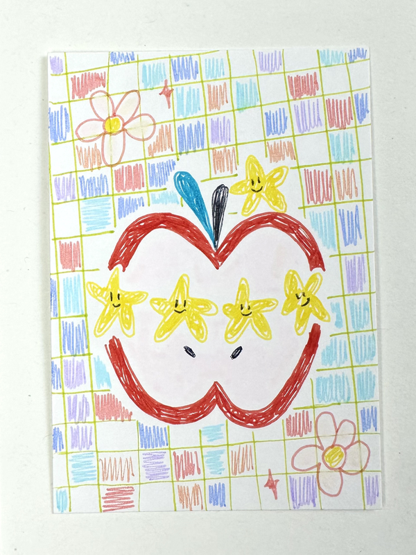 Kawaii Apple + Stars aceo art card