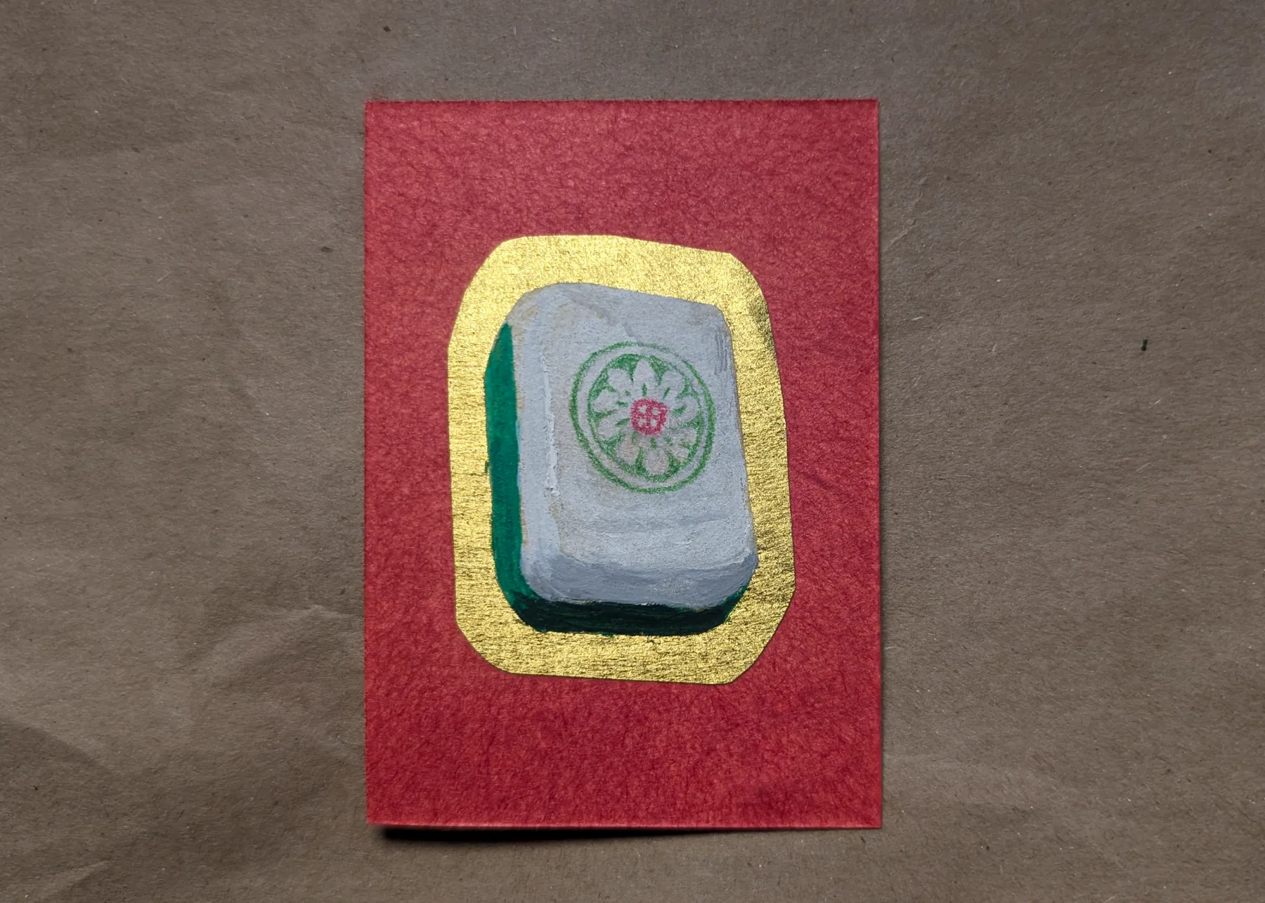 Hand Painted Mahjong Tile on Calligraphy Paper - Gold Metallic Border aceo art card
