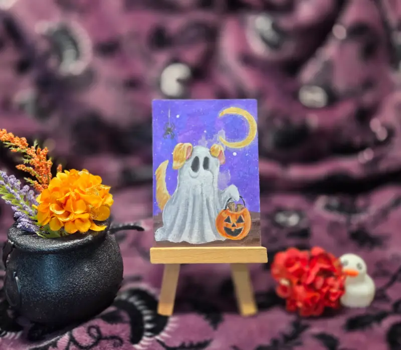 Critter Treats Series Part 2 of 9, Halloween Spooky Cute Dog Ghost Trick or Treat aceo art card