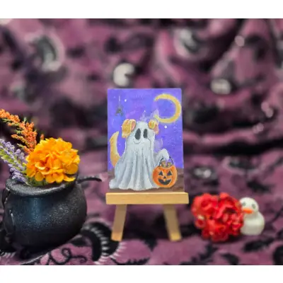 Critter Treats Series Part 2 of 9, Halloween Spooky Cute Dog Ghost Trick or Treat aceo art card thumbnail 1