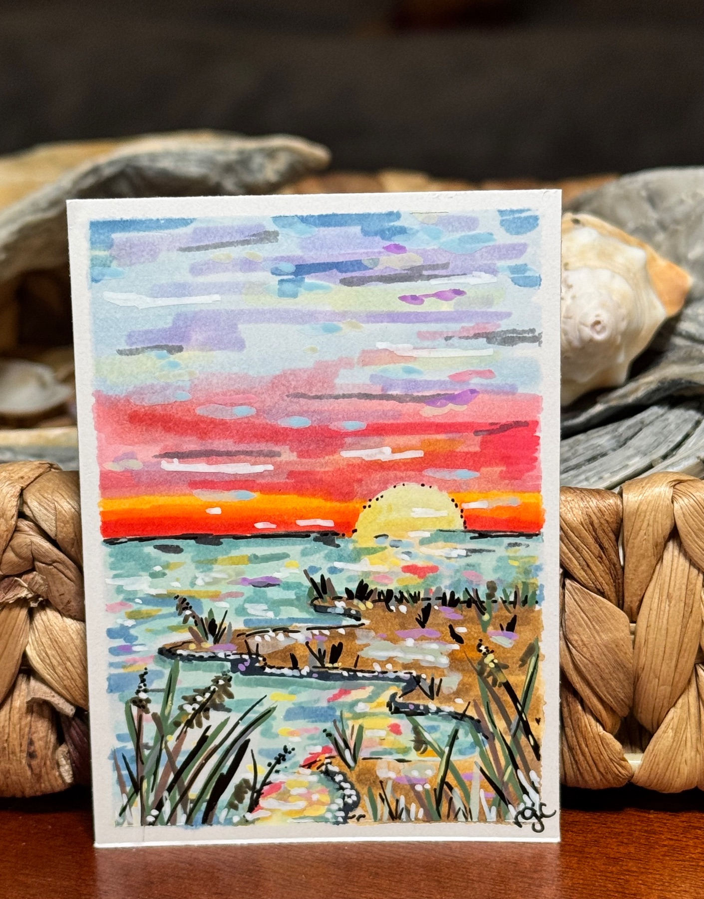 Sunrise Ocean Marsh Painting, Sunrise over Dunes, Dune Grass, Golden Hour aceo art card
