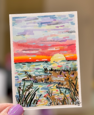 Sunrise Ocean Marsh Painting, Sunrise over Dunes, Dune Grass, Golden Hour aceo art card thumbnail 2