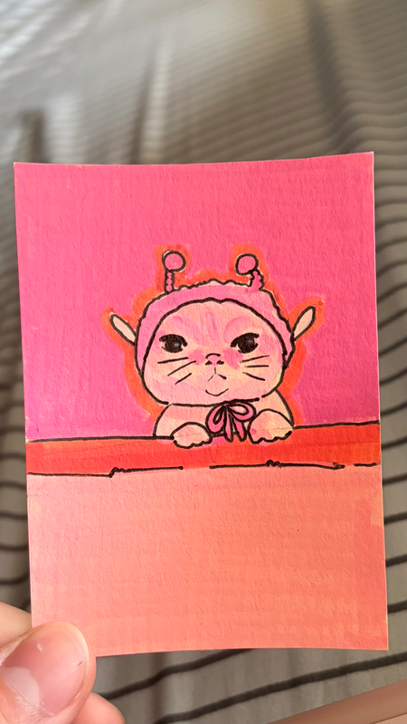 Cat with Bee Hat | Pink Wall Cat Series #4 aceo art card