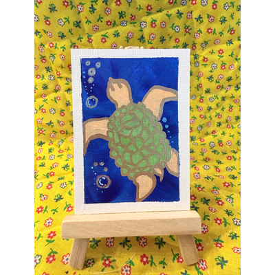 Aceo sea turtle with gold metallic outline and silver bubbles aceo art card thumbnail 2