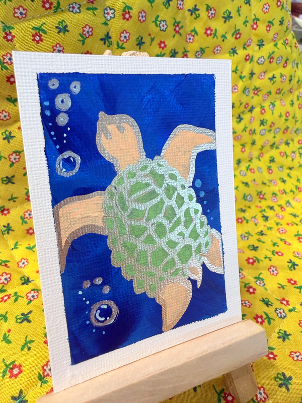 Aceo sea turtle with gold metallic outline and silver bubbles aceo art card