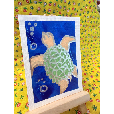 Aceo sea turtle with gold metallic outline and silver bubbles aceo art card thumbnail 1