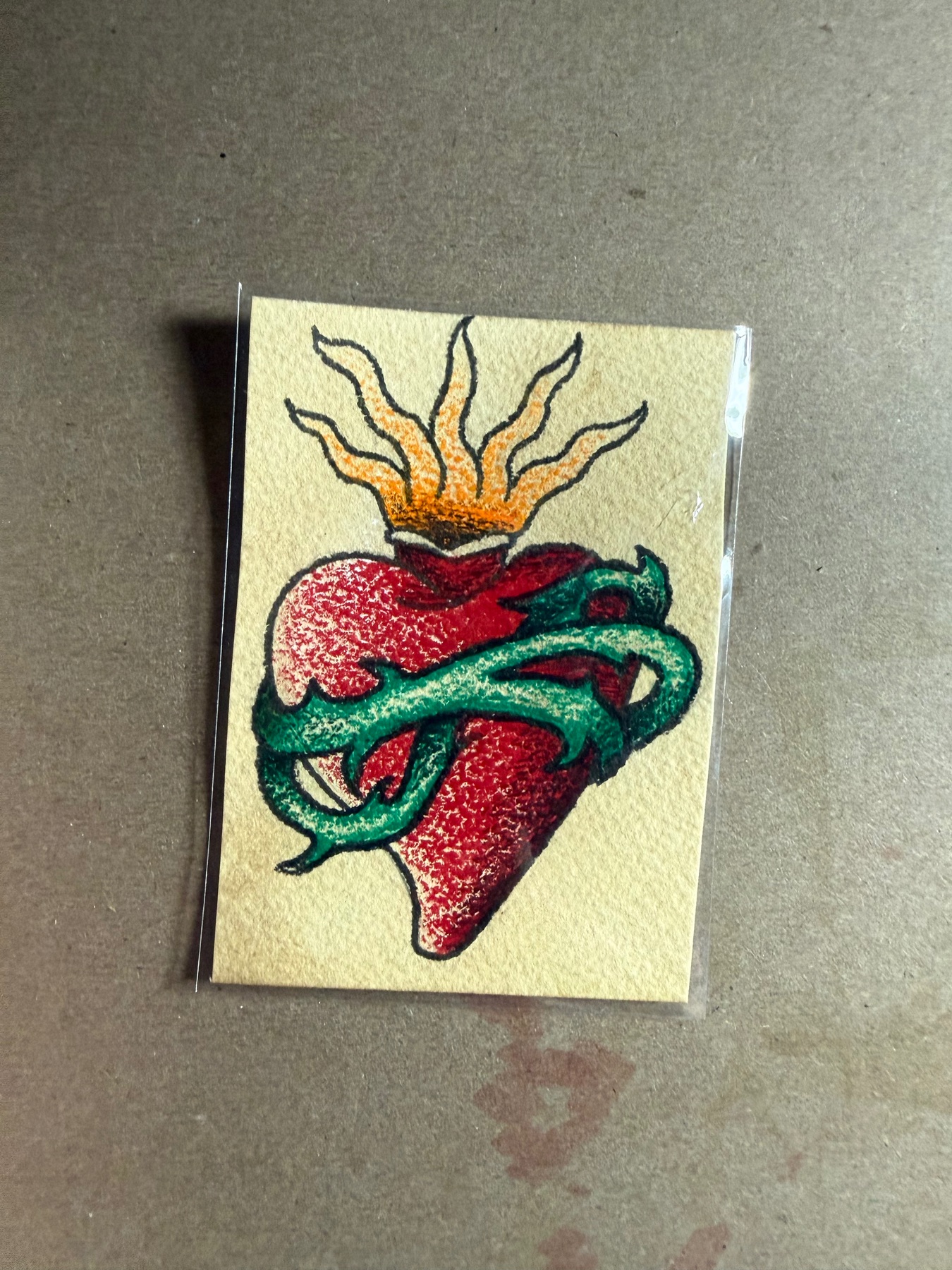 Trad Tattoo Flash Sacred Heart with Thorns aceo art card