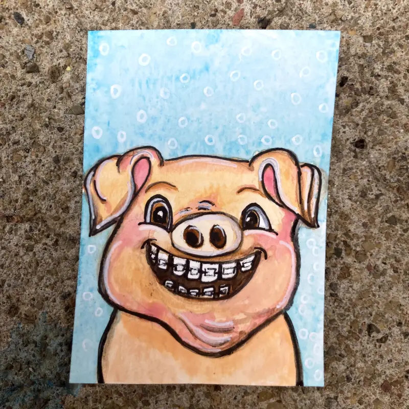 Watercolor Painting Little Pig with Braces Pink Blue Farm Animal Pet Fantasy Whimsical Art aceo art card