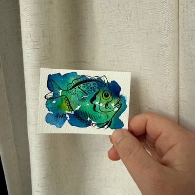 Blue and Green Line Art Fish aceo art card thumbnail 2