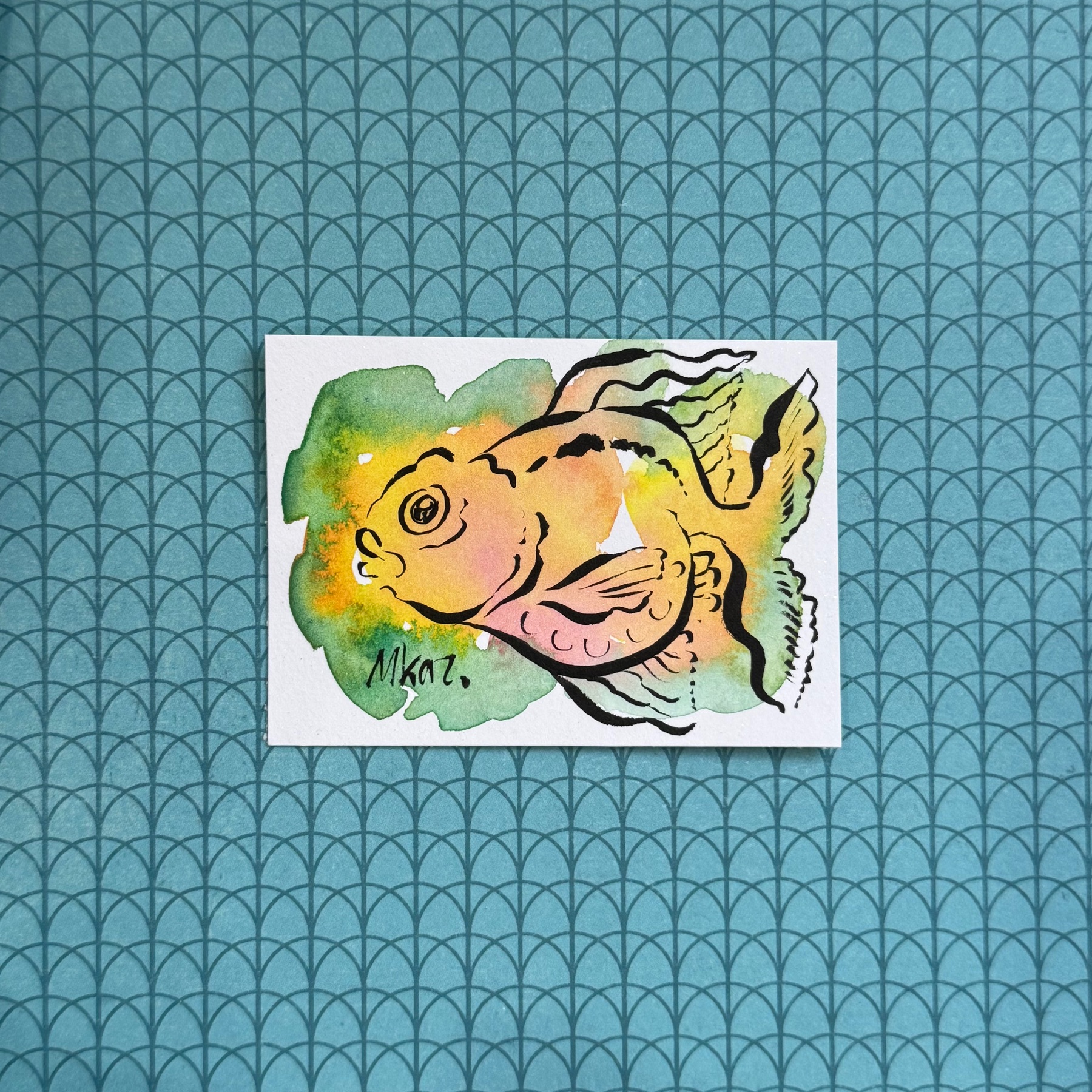 Yellow and Green Line Art Fish aceo art card