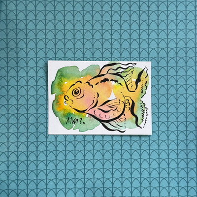 Yellow and Green Line Art Fish aceo art card thumbnail 1