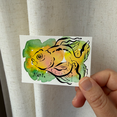 Yellow and Green Line Art Fish aceo art card thumbnail 2