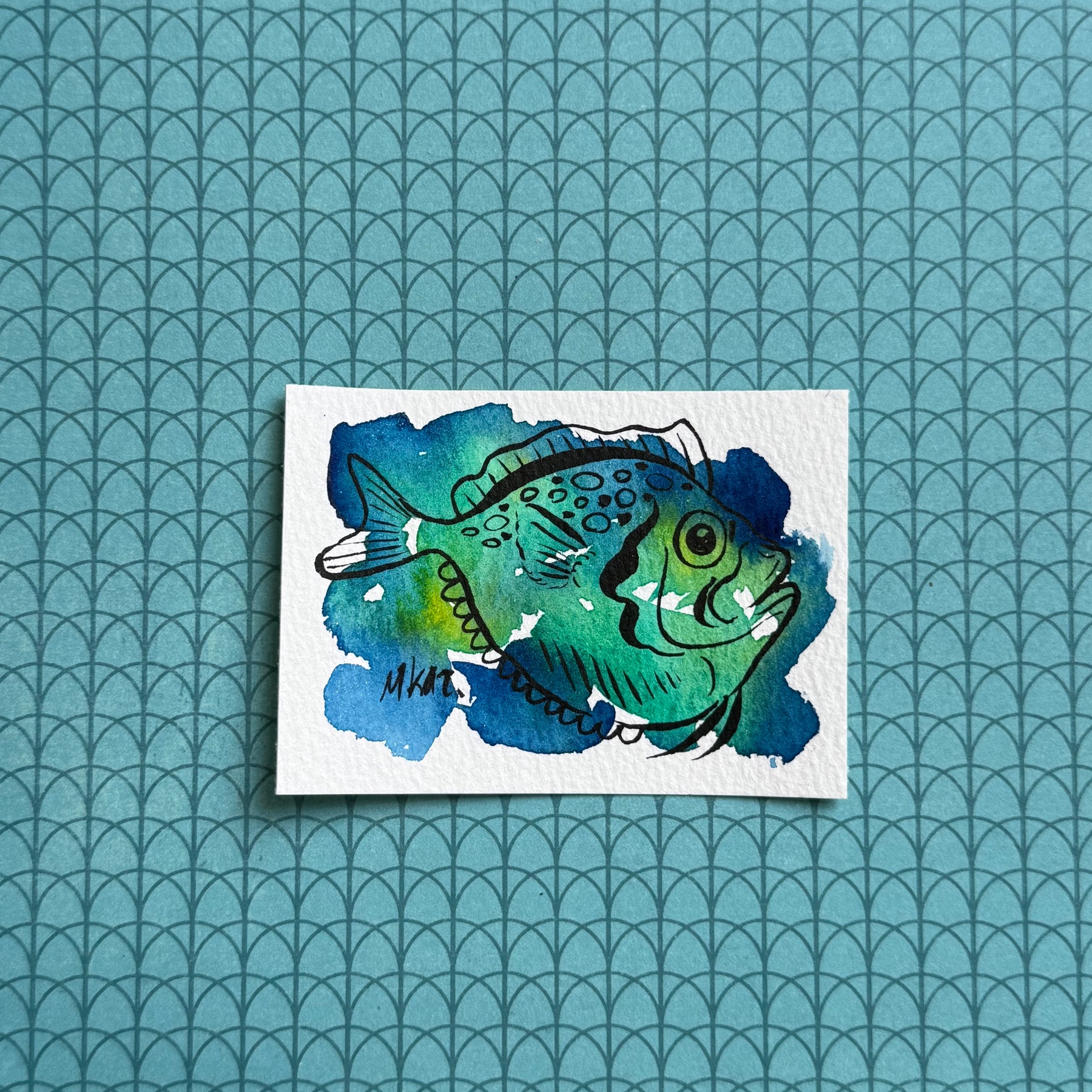 Blue and Green Line Art Fish aceo art card