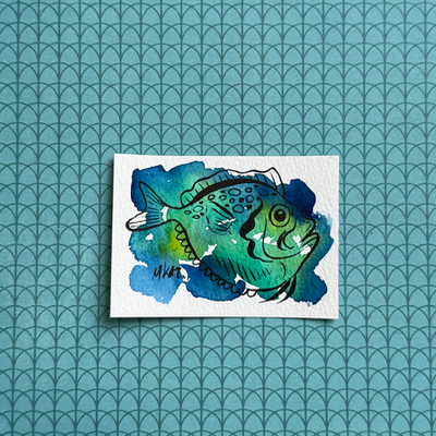 Blue and Green Line Art Fish aceo art card thumbnail 1