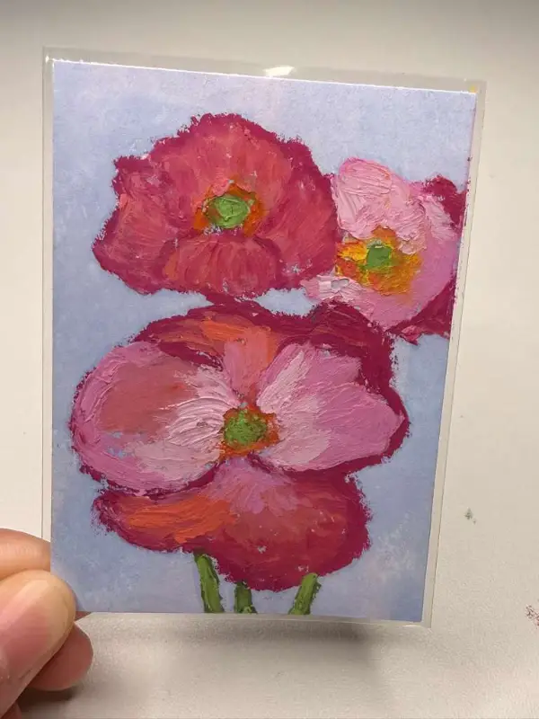 ACEO ORIGINAL, Abstract Oil Pastel Flowers, Pink Poppies, New Signed Mini Art aceo art card