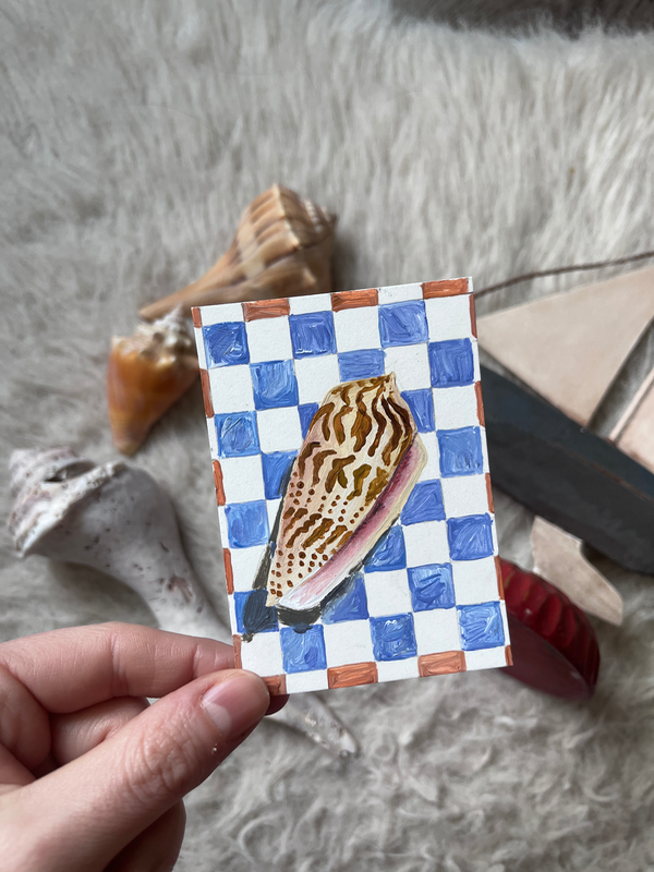 Seashells + Checkers 5 - Olive Shell aceo art card