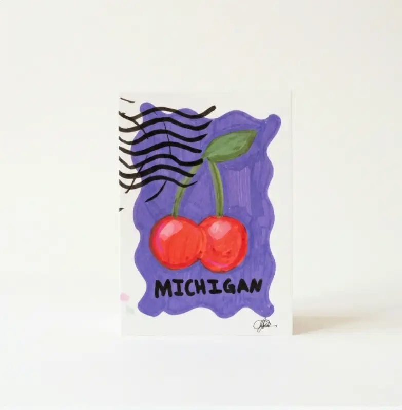 Michigan ACEO Cherries State Stamp Fruit Small Art aceo art card