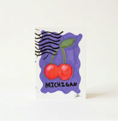 Michigan ACEO Cherries State Stamp Fruit Small Art aceo art card thumbnail 1