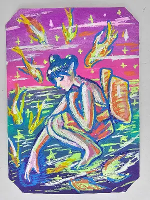 Fishing aceo art card thumbnail 1
