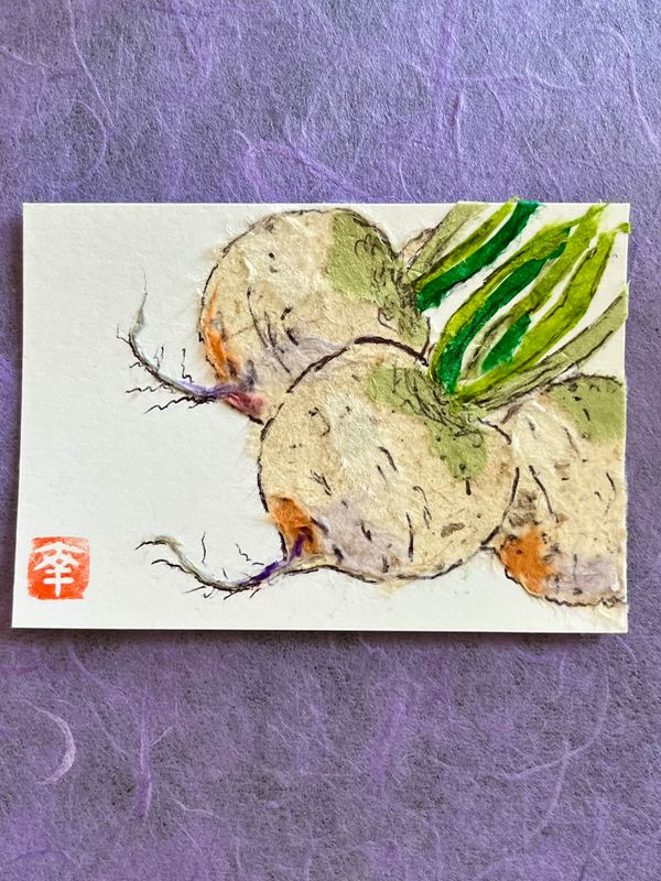 Japanese Washi art.- Turnips aceo art card