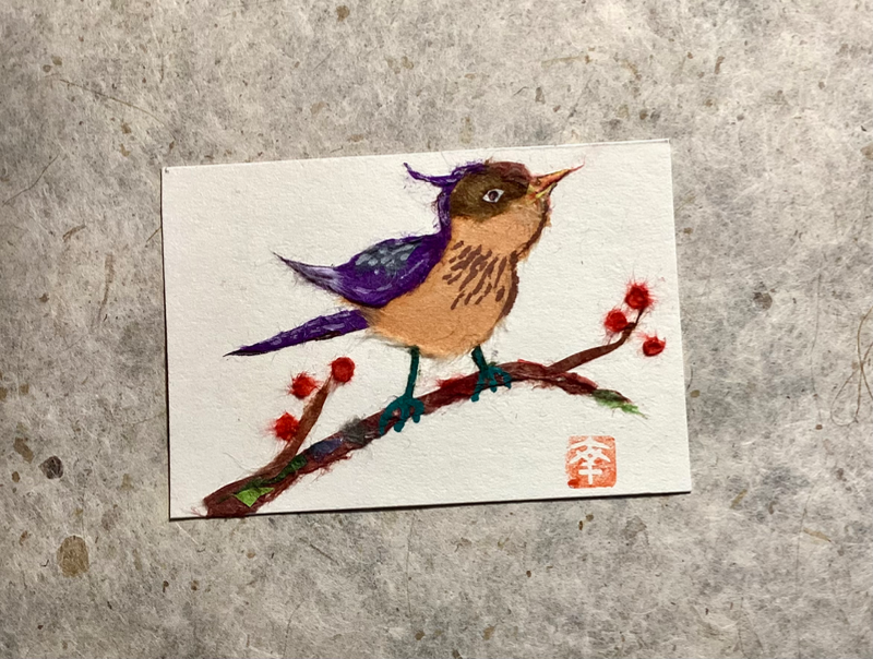 Japanese washi art - Spring chirping aceo art card