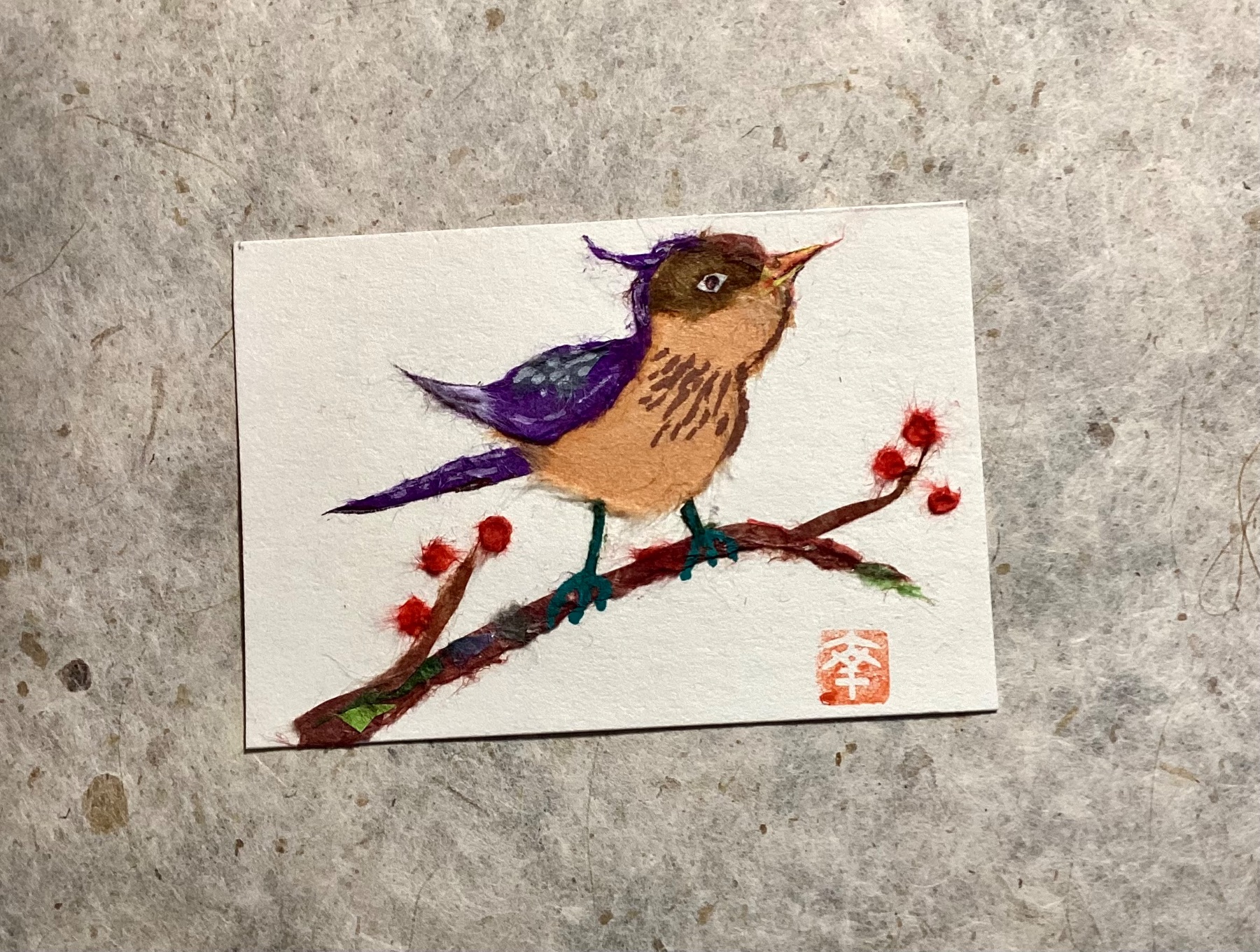 Japanese washi art - Spring chirping aceo art card