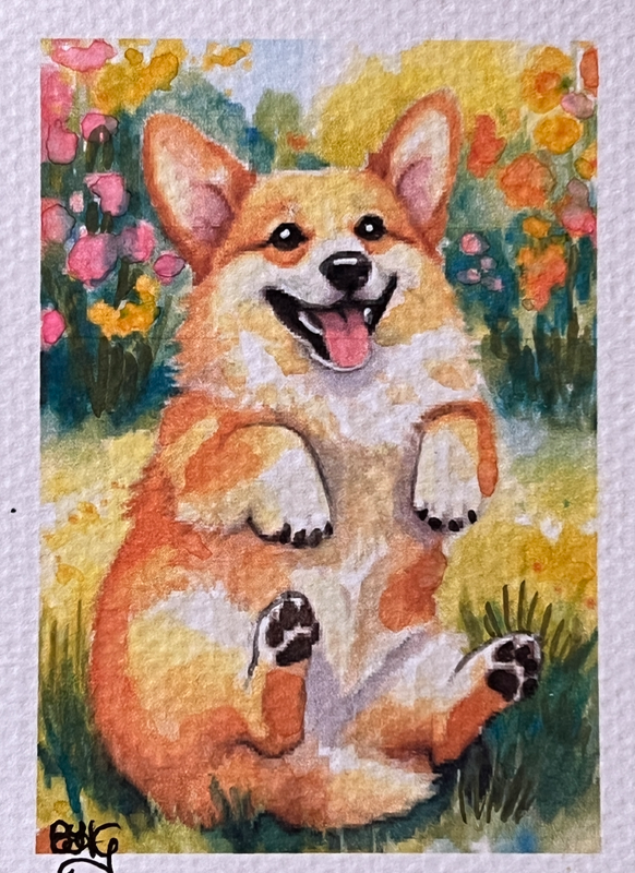 Playful Corgi aceo art card