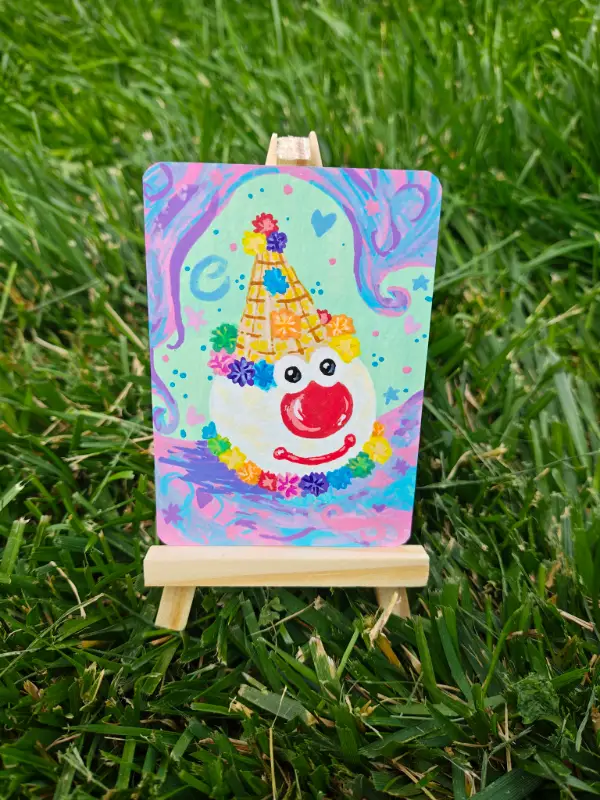 Soft Serve Tragedy | Original ACEO Clown Core Art Card | Cute Whimsical Clown Painting | OOAK aceo art card