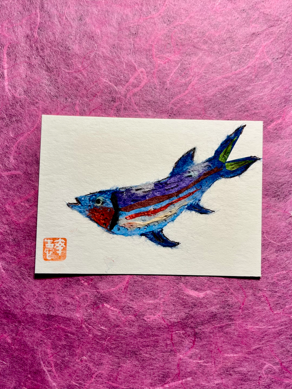 Blue fish- Japanese Washi art aceo art card