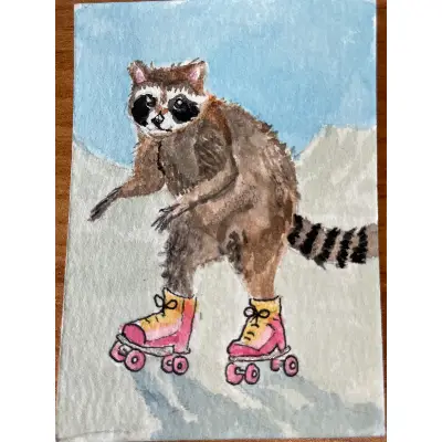 Raccoon Skating aceo art card thumbnail 2