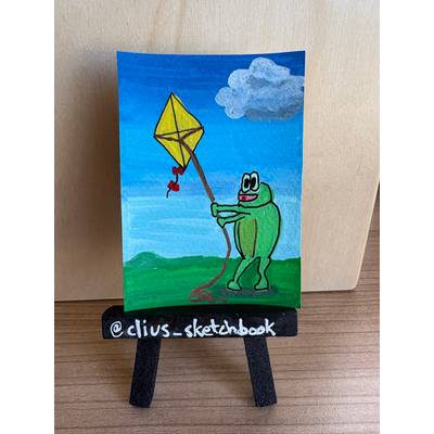 Frog Flying Yellow Kite aceo art card thumbnail 2
