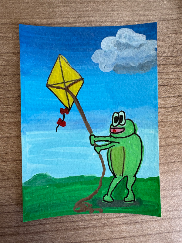 Frog Flying Yellow Kite aceo art card
