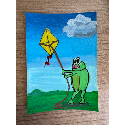 Frog Flying Yellow Kite aceo art card thumbnail 1