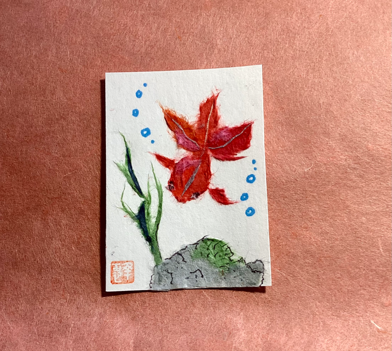 Gold fish (rock) - Japanese Washi art aceo art card