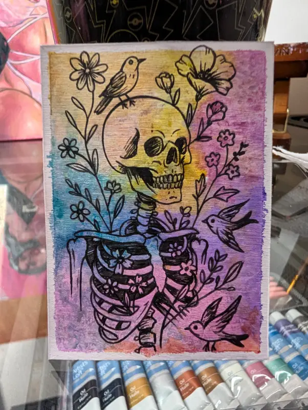 Colorful skeleton and flowers aceo art card