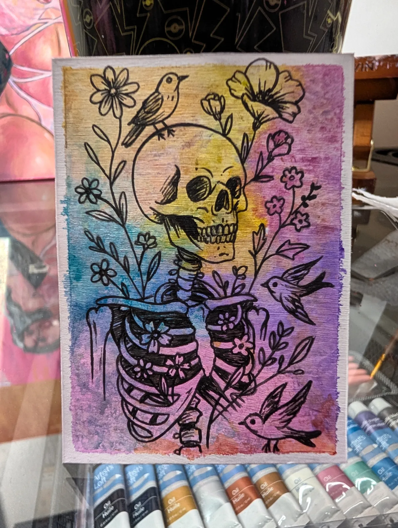 Colorful skeleton and flowers aceo art card