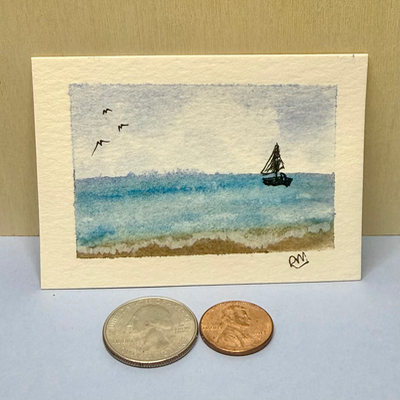Seaside Sailboat aceo art card thumbnail 2