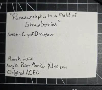 Parasaurolophus in a Field of Strawberries aceo art card thumbnail 2