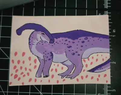 Parasaurolophus in a Field of Strawberries aceo art card thumbnail 1