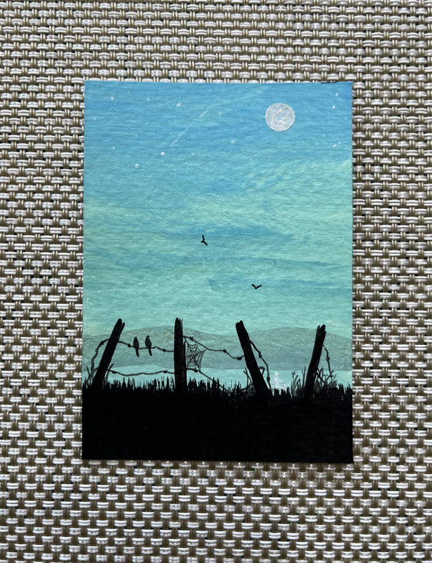 “The Fullness of Life” Fence, Birds, Cobweb, Shooting Star, Lake, Moon Silhouette aceo art card