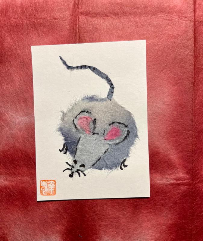 Japanese Washi art - mouse (nezumi) aceo art card
