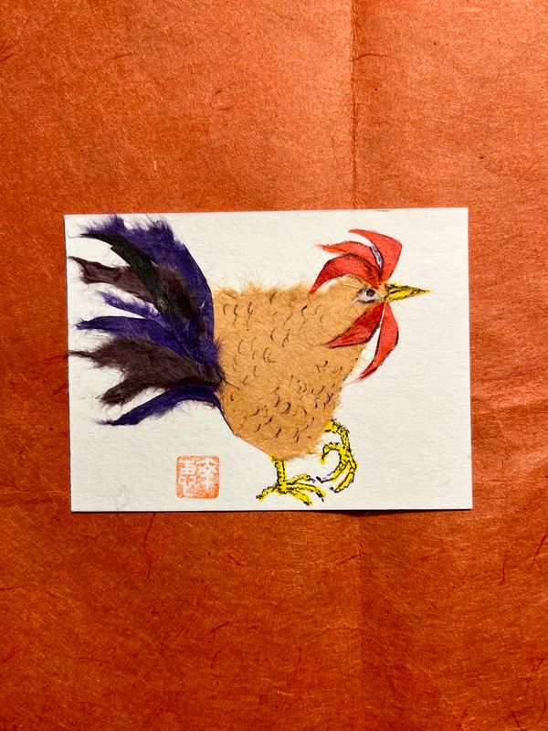 Good morning Rooster! Japanese Washi art aceo art card