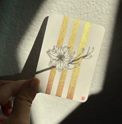 Apricot blossom | flower floral botanical on metallic watercolor stripes | Vietnam aceo art card thumbnail 2