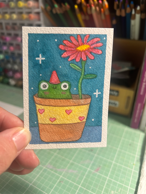 Froggy in a flower pot aceo art card