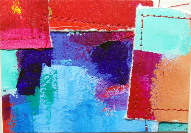 Sewn Collage 2 original art acrylic painting layered and sewn ACEO aceo art card