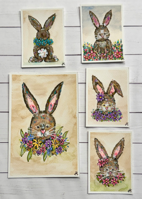 Pink Floral Bunny aceo art card thumbnail 3