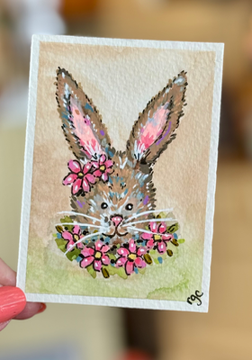 Pink Floral Bunny aceo art card thumbnail 1